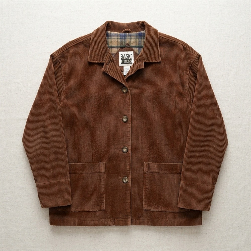 vtg Corduroy chore Jacket Brown Plaid Lined Cotton barn Coat workwear layering